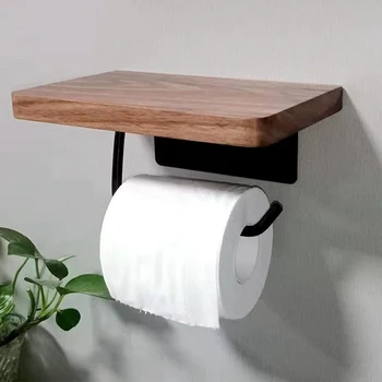 Toilet Paper Holder with Natural Walnut Wooden Shelf Tissue Roll Hanger Wall Mounted Paper Towel Bar 304 Stainless Steel Paper