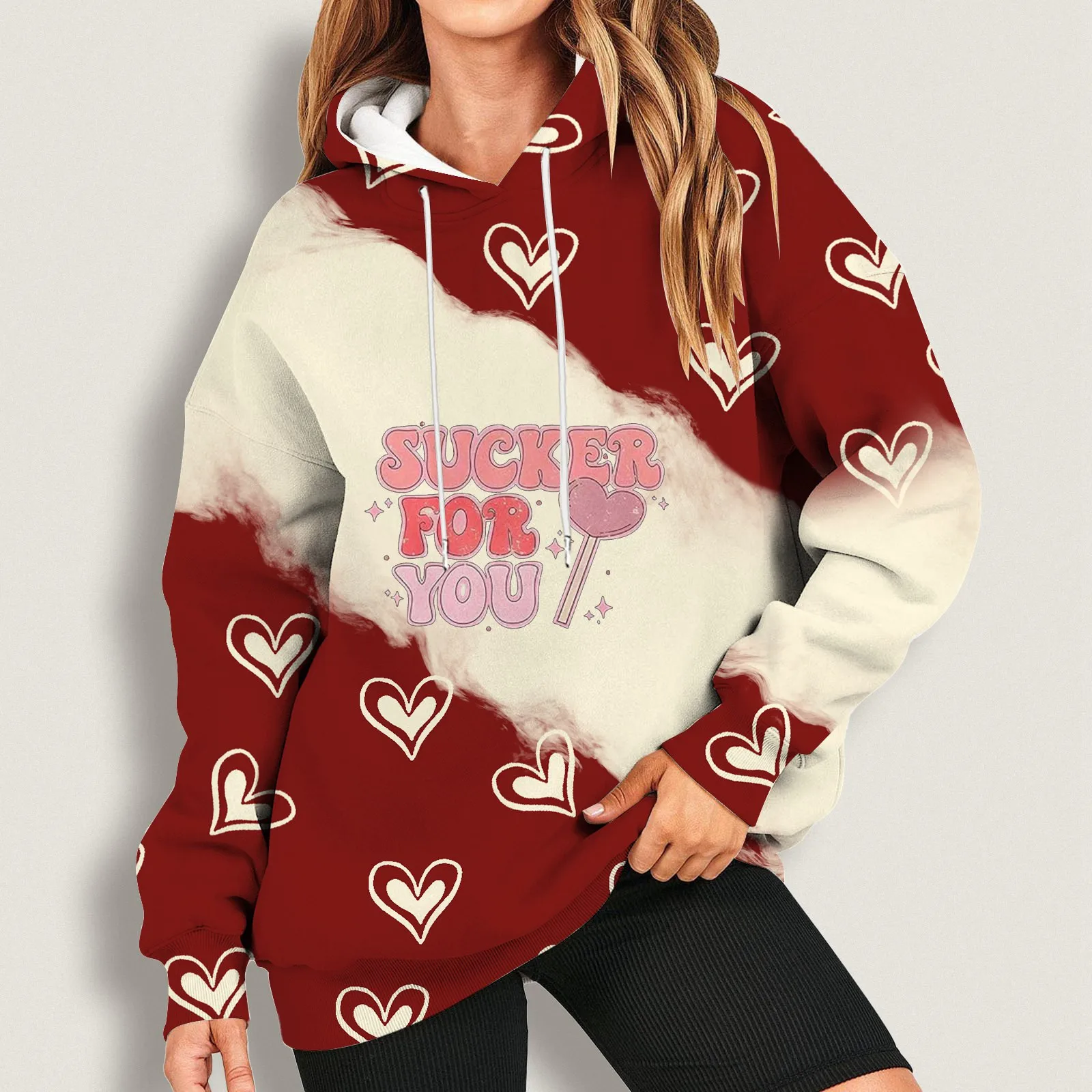 

Thin Tunic Hoodie 2024 Women's Fashion Valentine's Day Sweatshirt Printed Round Neck Long Womens Athletic Tops Long Sleeve