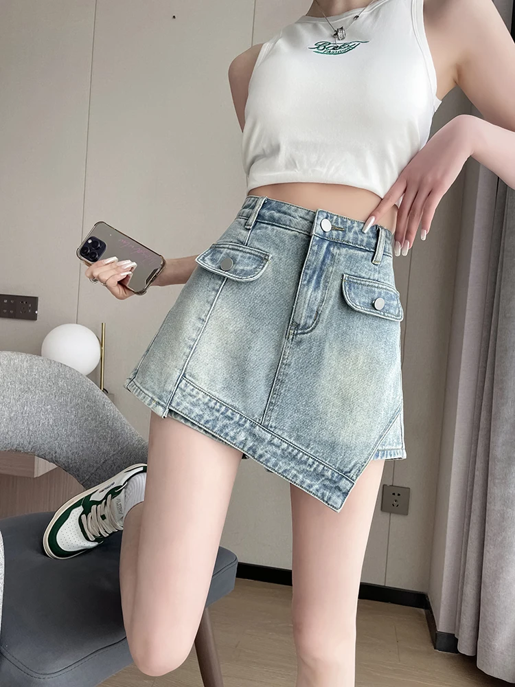 

FTLZZ Summer Women Fashion Empire Slim Asymmetric Denim Skirt Lady Casual High Street A-line Bodycon Mini Denim Skirt