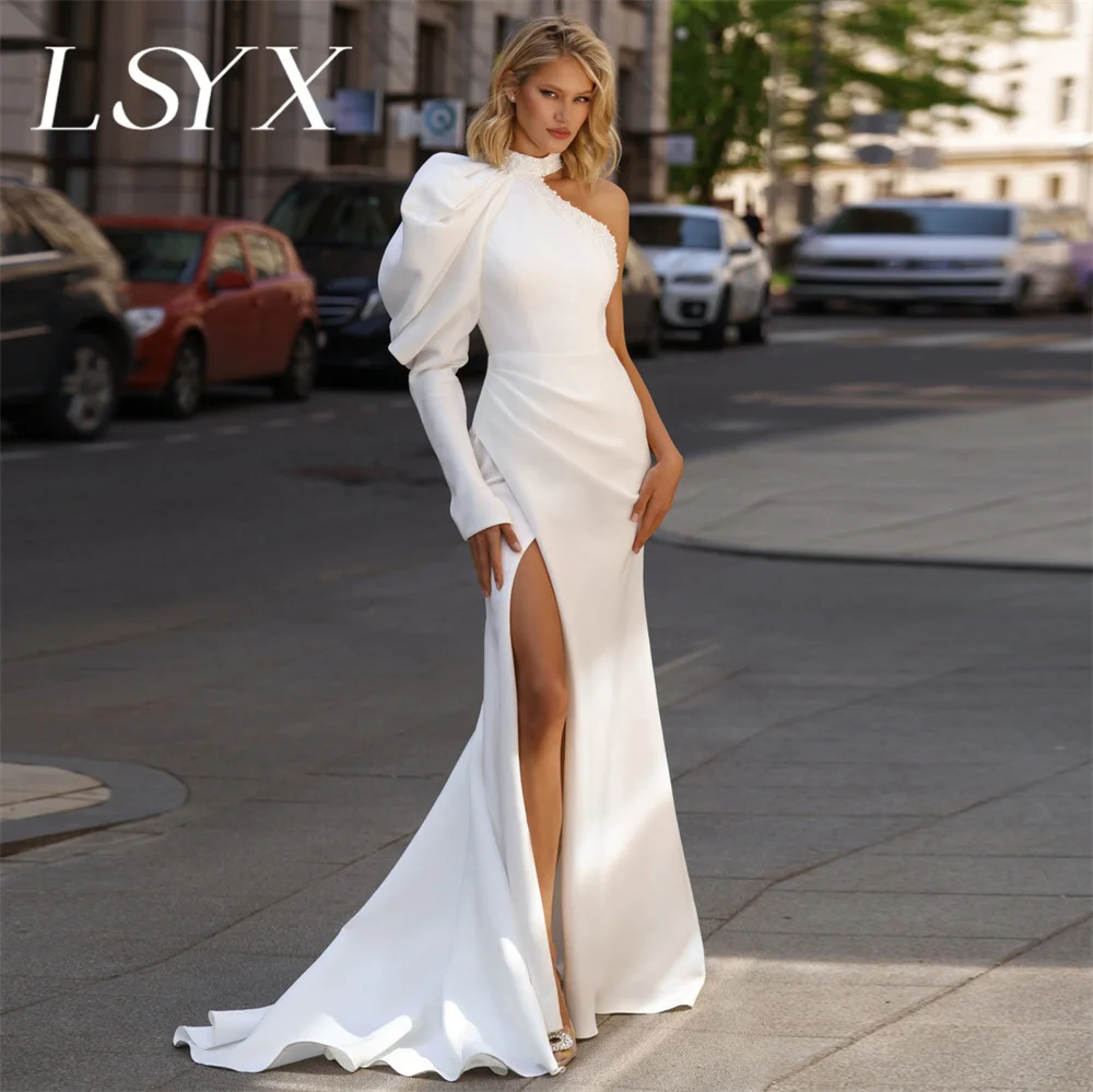 LSYX Halter One-Shoulder Puff Sleeves Mermaid Wedding Dress Zipper Back High Slit Floor Length Bridal Gown Custom Made
LSYX Halter One-Shoulder Puff Sleeves Mermaid Wedding Dress Zipper Back High Slit Floor Length Bridal Gown Custom Made
