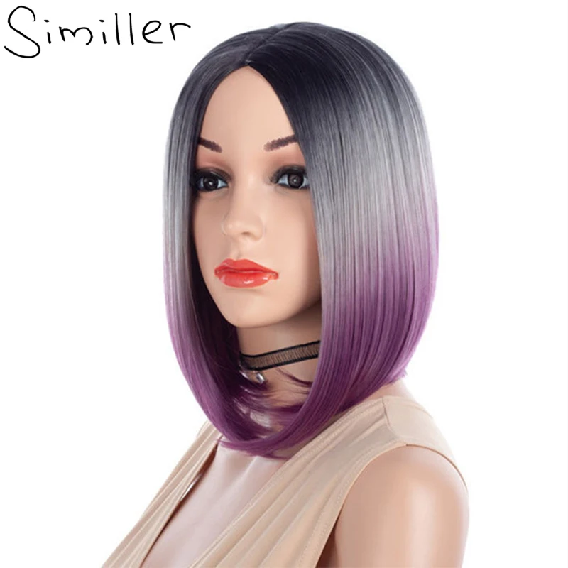 

Similler Short Synthetic Hair Womens Side Part Wigs Straight Heat Resistance Fiber Dark Root Gray T Purple Ombre Bob Wig