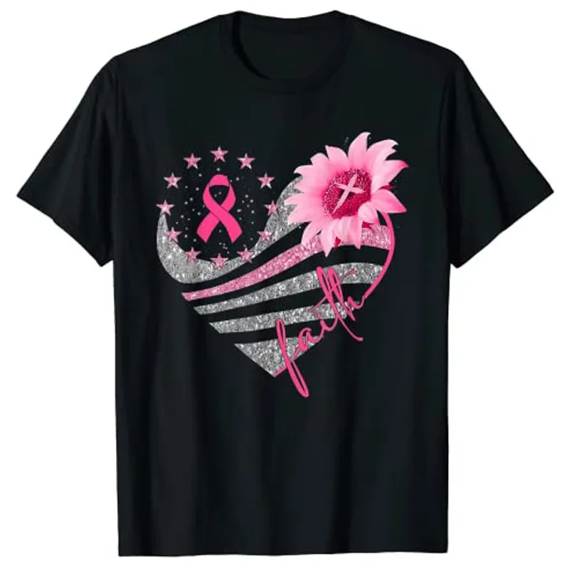 

Breast Cancer Awareness Sun Flower Faith Bling T-Shirt Pink Ribbon Women Clothing Fashion Heart Graphic Outfits Mama Mommy Gifts