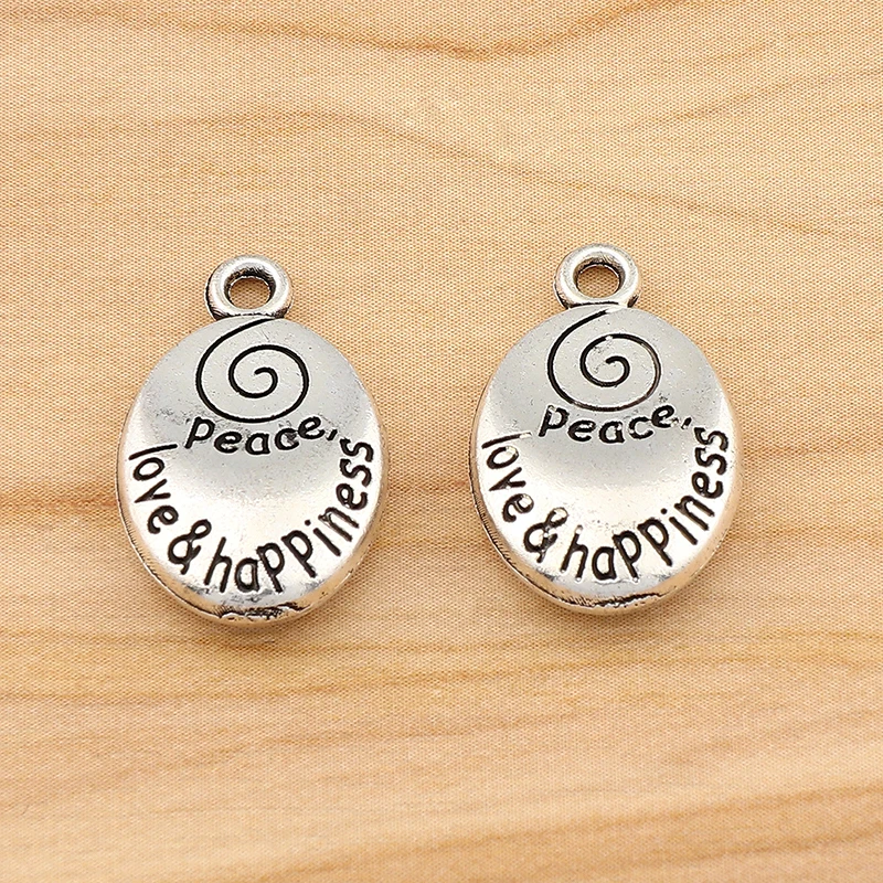 

20 Pieces Tibetan Silver 2 Sided "Peace Love Happiness" Oval Charms Pendants Beads for DIY Bracelet Jewellery Making Accessories