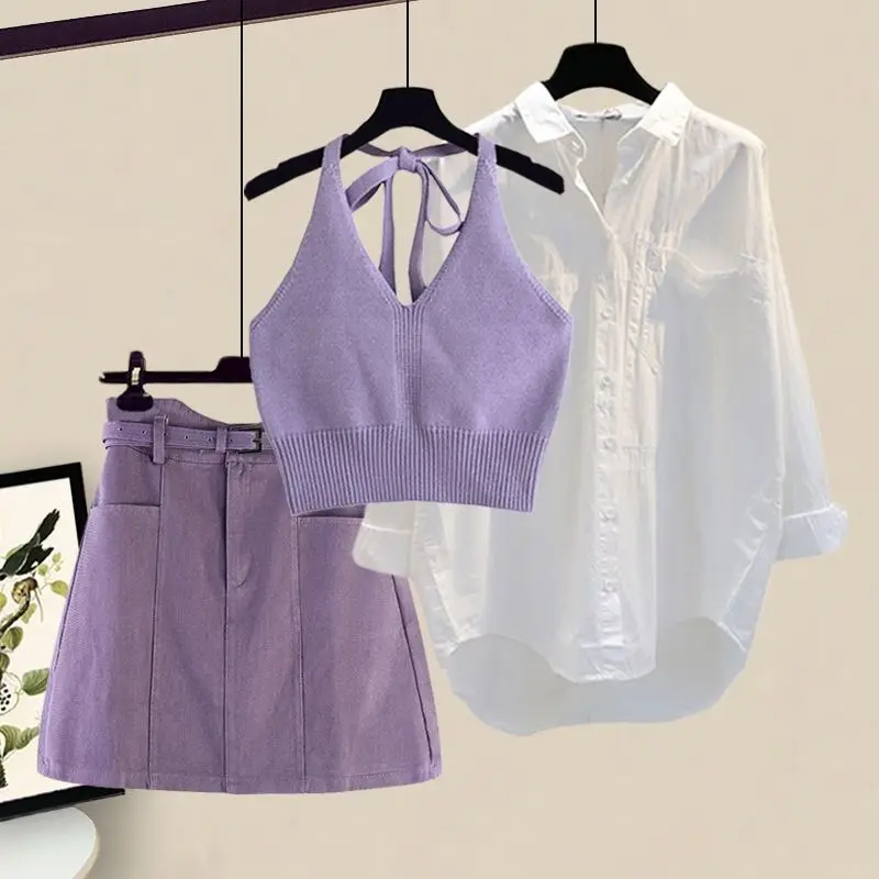 Summer Women's Purple Three Piece Skirt Set White Color Blouse+Deep V Neck Tank Top+Mini Skirt High Waist A Line Skirt
Summer Women's Purple Three Piece Skirt Set White Color Blouse+Deep V Neck Tank Top+Mini Skirt High Waist A Line Skirt