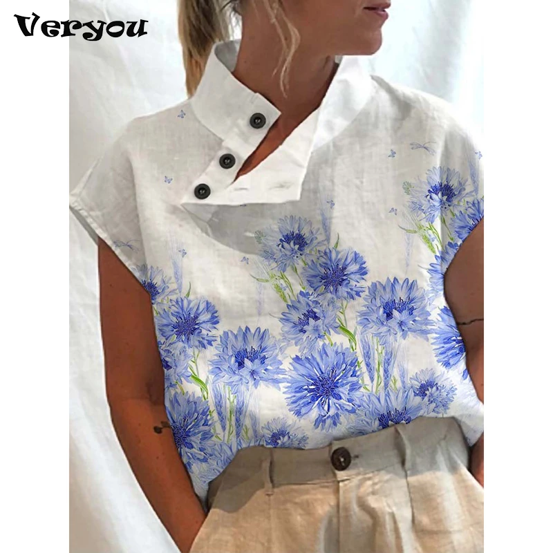 

2023 Leisure Summer Blouse Women Tops Vintage Floral Print Short Sleeve White Blouses Casual Buttons Slit Stand Neck Top Blusas