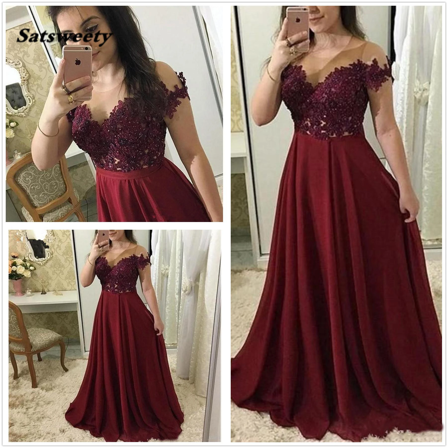 Burgundy Prom Dresses Long Illusion Neckline Short Sleeve Lace Appliques Evening Gowns Long Chiffon Special Occasion Dress
Burgundy Prom Dresses Long Illusion Neckline Short Sleeve Lace Appliques Evening Gowns Long Chiffon Special Occasion Dress