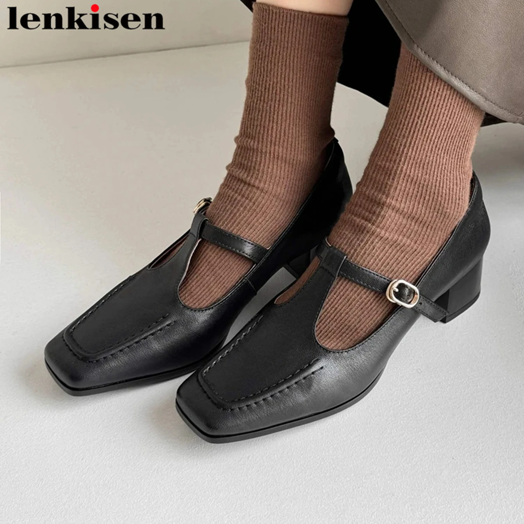 

Lenkisen весенние брендовые туфли из овечьей кожи на среднем каблуке с пряжкой на ремешке Роскошные винтажные женские туфли-лодочки с квадратным носком