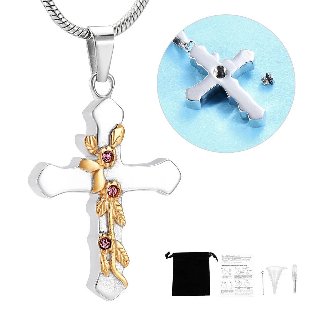 

Cremation Urn Necklace Cross With Sunflower Small Urns Memorial Pendant Stainless Steel For Pet/Human Ashes Keepsake Jewelry