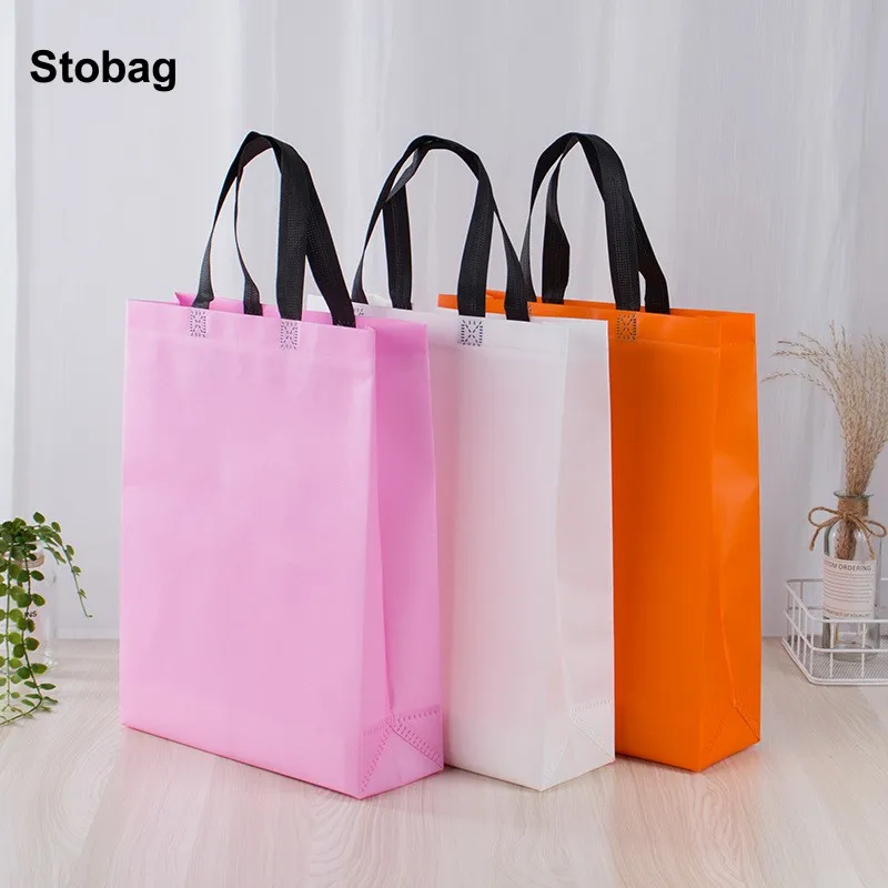 

StoBag 10pcs Non-woven Shopping Tote Bags Portable Fabric Waterproof Eco Storage Reusable Large Pouch Custom Logo(Extra Fee)