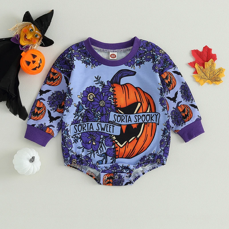 

2023-06-16 Lioraitiin 0-24M Baby Girls Boys Sweatshirts Bodysuit Halloween Clothes Pumpkin Flower Letter Print Jumpsuits