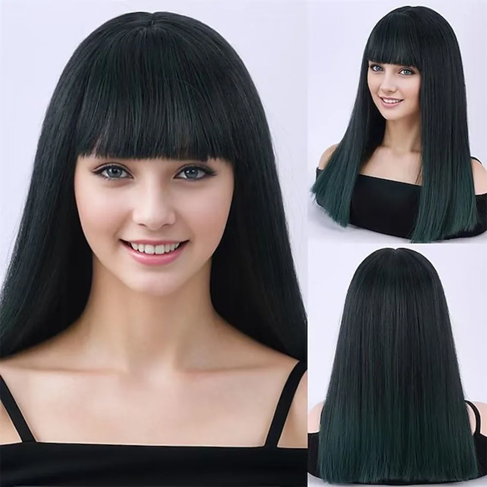 

short Long straight bob synthetic hair wig women's wigs with Straight Bangs Capless wigs