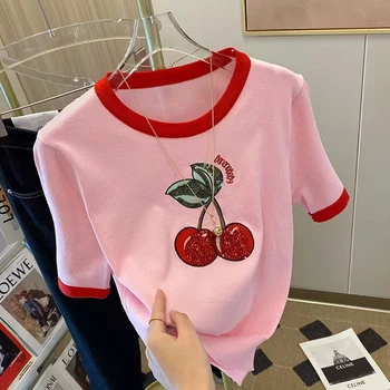 Camiseta Coco Masculina: Conforto e Estilo para o Verão 9 2024 Summer Cherry Sequin Embroidery Knitted T-Shirt Women's Sweet Short-sleeved Pullover Sweater Thin Tshirt Knitwear Tops Tees