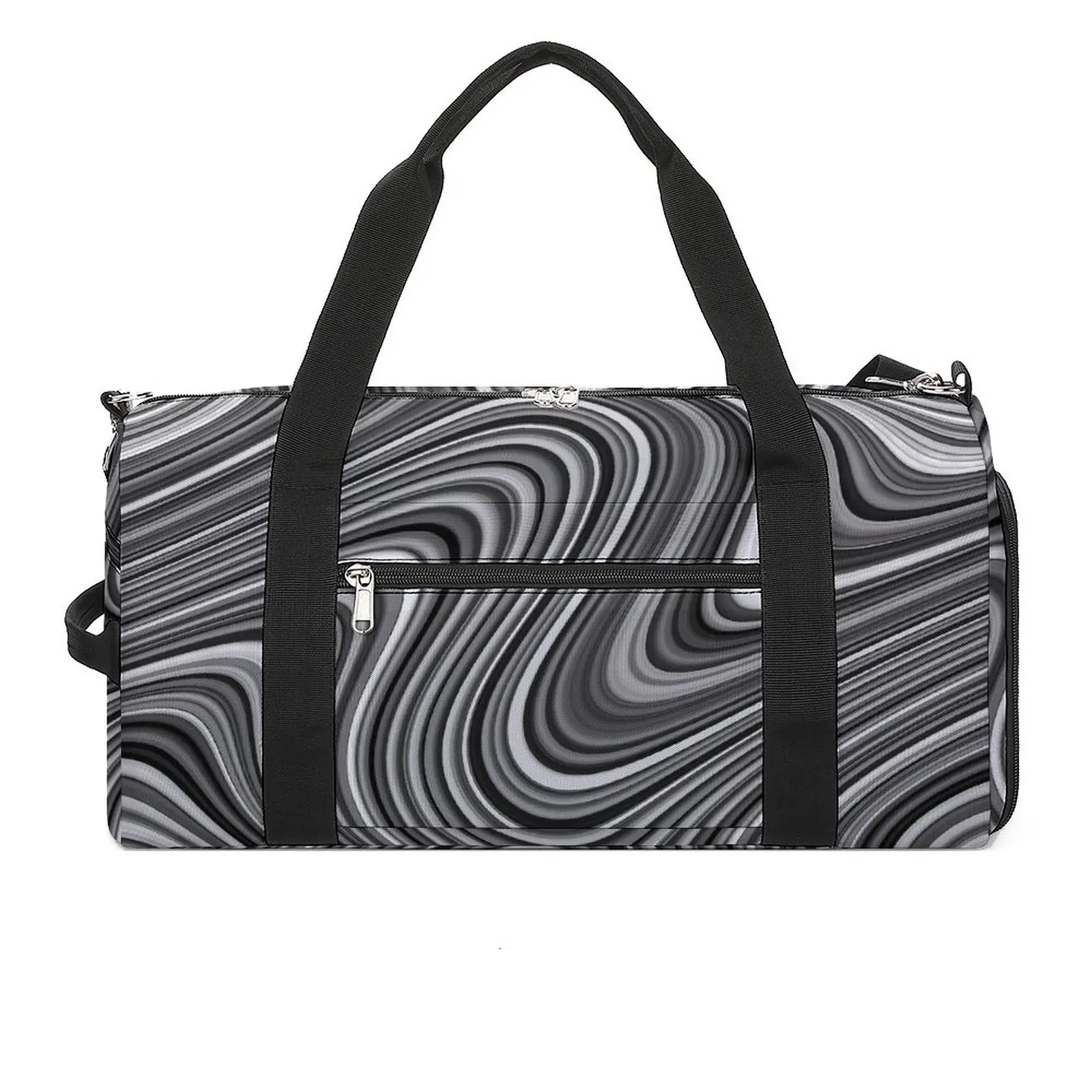 

Black White Marble Gym Bag Curvy Lines Print Weekend Sports Bags Large Swimming Custom Handbag Funny Fitness Bag For Men Women