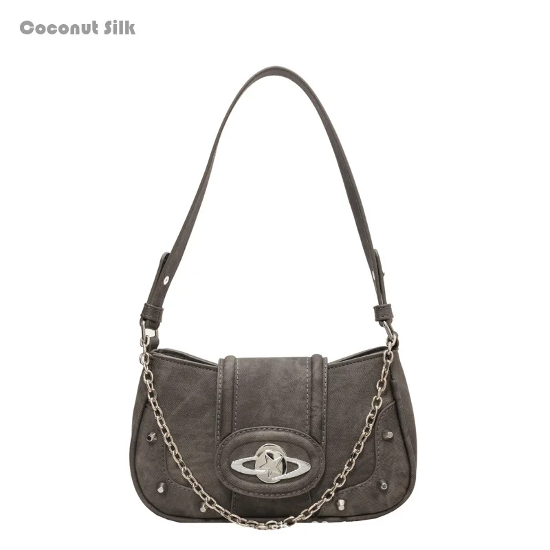 

CoCoS Y2k Retro Shoulder Bag American Street Style Rivet Canvas Handbag Gothic Punk Cool Underarm Bag Small Square Bag