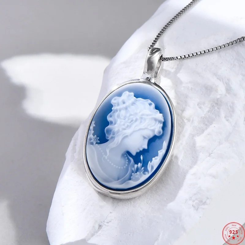 

S925 Sterling Silver Charms Pendants for Women Men New Fashion Blue/Green Agate Queens Relief of Cameo Jewelry Free Shipping