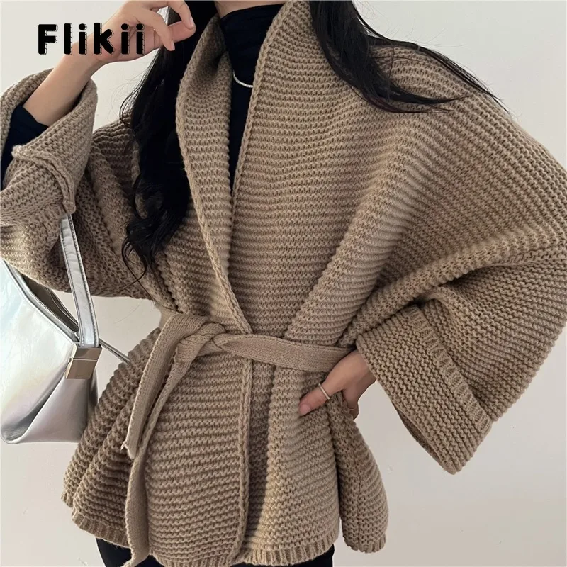 

Women KOrean Vintage Style Solid Color Knitting Long Sleeve Cardigans 2023 Winter Fashion Casual Oversized Belted X-long Sweater