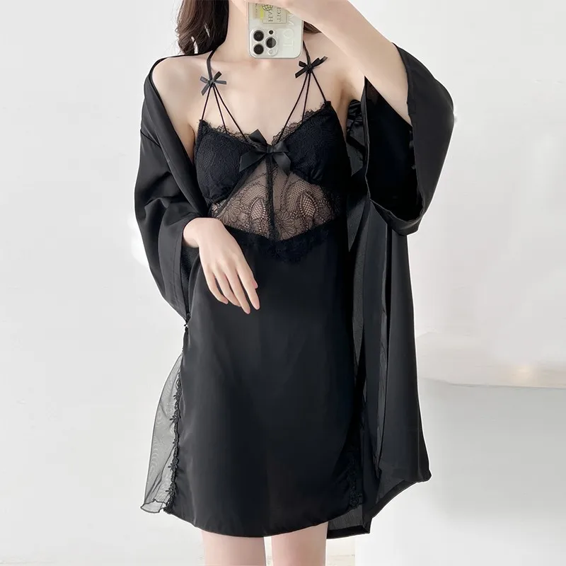 

Silkly Stain Robe Suit Loungewear Hollow Out Lace Nightdress Kimono Bathrobe Lady Spring Summer New Nightgown Sexy Homewear