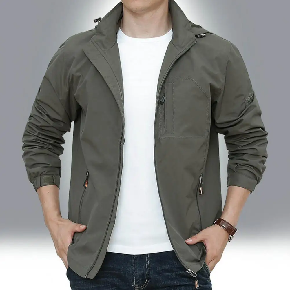 

Мужская демисезонная однотонная куртка с капюшоном, длинным рукавом и карманами на молнии, тонкая ветрозащитная спортивная верхняя одежда, ветровка