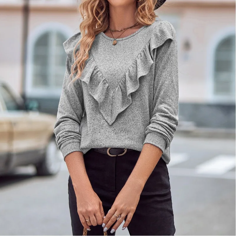 

Женский трикотажный пуловер с круглым вырезом, длинным рукавом