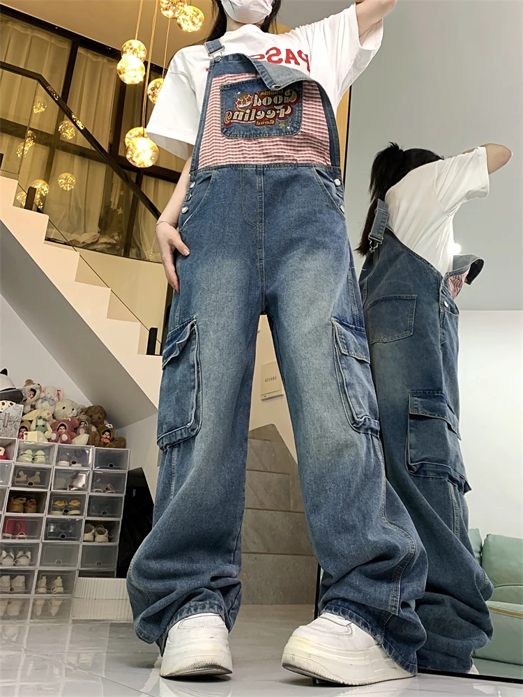 

Women's Letter Embroidery Vintage Suspender Jeans Pocket Wide Leg Pants Streetwear Rompers Female Casual Straight Denim Trouser