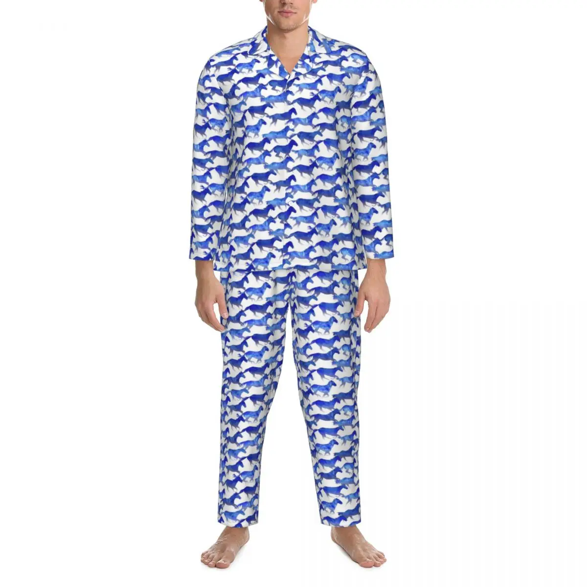 

Пижама с акварельным рисунком лошади, мужская синяя пижама с принтом животных Kawaii, осенняя пижама из 2 предметов, повседневные свободные пижамные комплекты большого размера