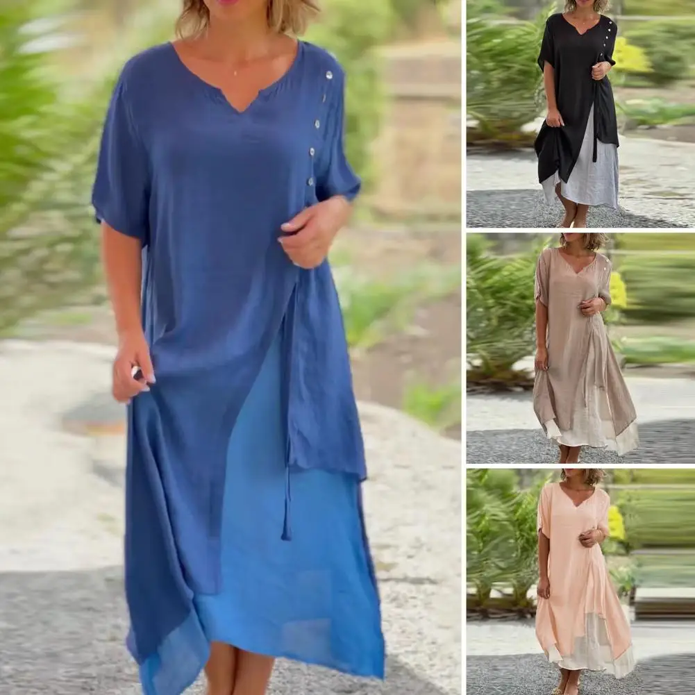 

Women Dress Stylish Women's Midi Dress with V Neck Button Decor Casual Breathable Summer Long Dress with Irregular Hemline
