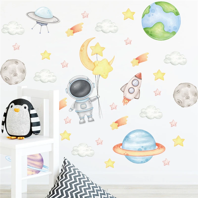 

Cartoon Astronaut Planet Meteor Wall Stickers For Home Decoration Diy Space Theme Mural Art Diy Kids Room Decals Pvc Posters
