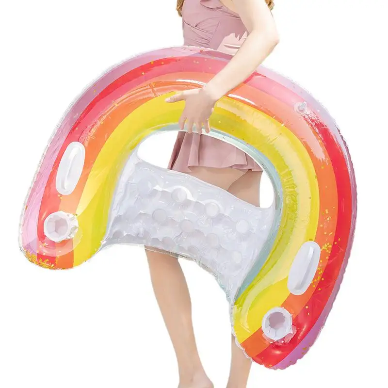 

Inflatable Rainbow Floating Chair Sequin Design Swimming Pool Water Chair With 2-Cupholder And 2-handle Full Relaxing Backrest
