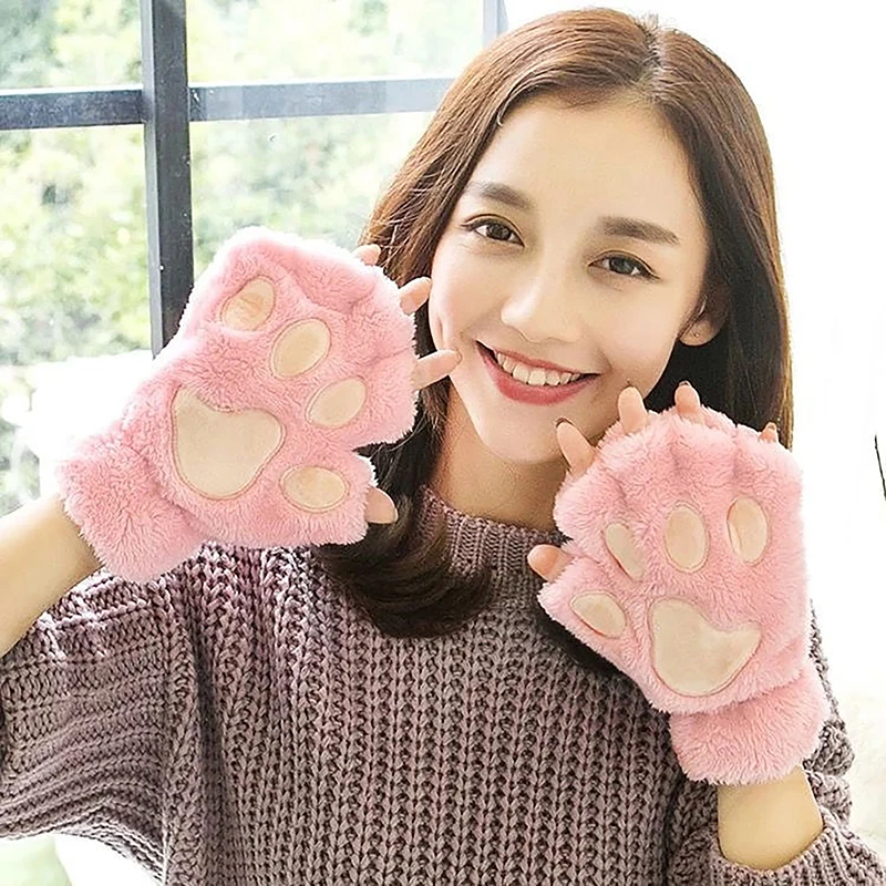 

Women Cat Gloves Fashion Girls Cat Claw Paw Plush Mittens Warm Soft Plush Short Fingerless Half Finger Winter Gloves