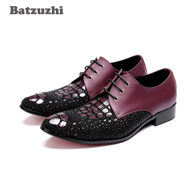 

Batzuzhi Luxury Men Shoes Pointed Lace-up Formal Dress Shoes Men Crocodile Pattern Zapatos Hombre Business, Party and Wedding