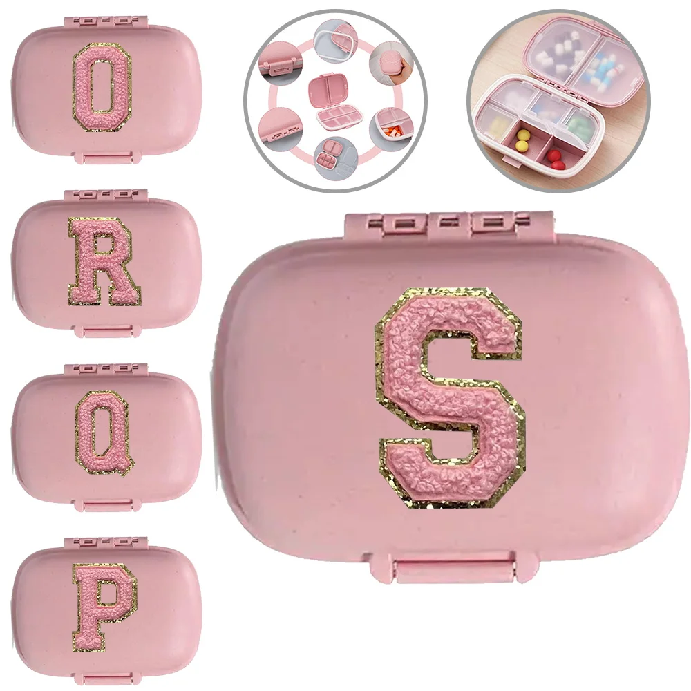 

Pink Letter Embroidered Logo Pattern 8 Grid Horizontal Medicine Storage Box Portable Daily Medicine Storage and Sorting Pill Box