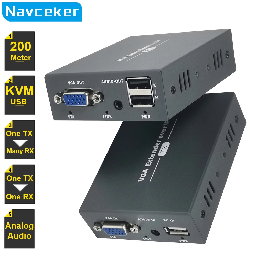Navceker 200m IP Network VGA KVM Extender RJ45 VGA Extender USB Over Cat5 Cat5e Cat6 Cable Keyboard Mouse Transmitter Receiver
Navceker 200m IP Network VGA KVM Extender RJ45 VGA Extender USB Over Cat5 Cat5e Cat6 Cable Keyboard Mouse Transmitter Receiver