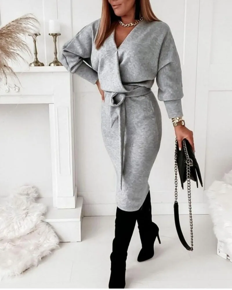 Women Chic Solid Basics Long Batwing Sleeves V Neck Sashes Midi Dress Tops With Belt 2022 Autumn
Women Chic Solid Basics Long Batwing Sleeves V Neck Sashes Midi Dress Tops With Belt 2022 Autumn