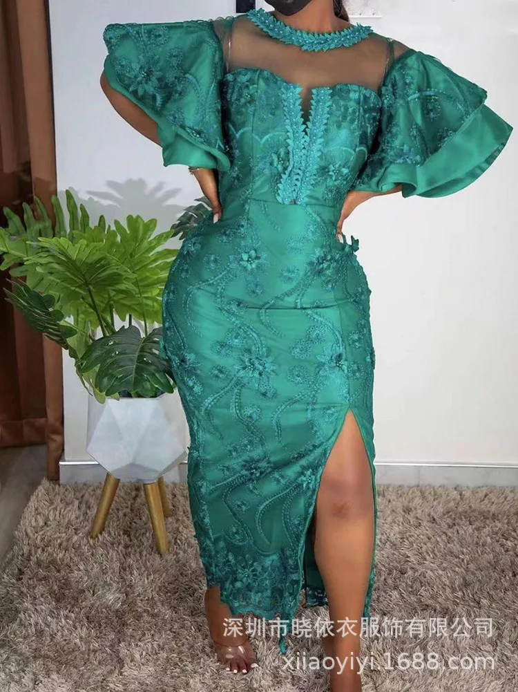 Dresses Women Round Neck Sexy Mesh Embroidered Dress Lotus Leaf Sleeves Backless Bodycon Ladies Elegant Party Evening Dresses
Dresses Women Round Neck Sexy Mesh Embroidered Dress Lotus Leaf Sleeves Backless Bodycon Ladies Elegant Party Evening Dresses