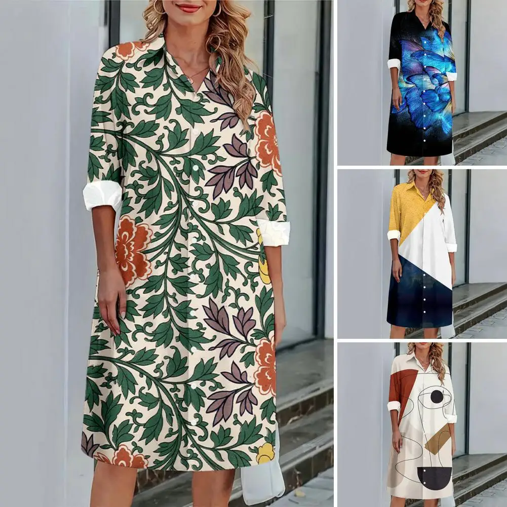 Fall Spring Dress Turn-down Collar Single-breasted Loose A-line Floral Print Long Sleeves Knee Length Buttons Lady Midi Dress
Fall Spring Dress Turn-down Collar Single-breasted Loose A-line Floral Print Long Sleeves Knee Length Buttons Lady Midi Dress