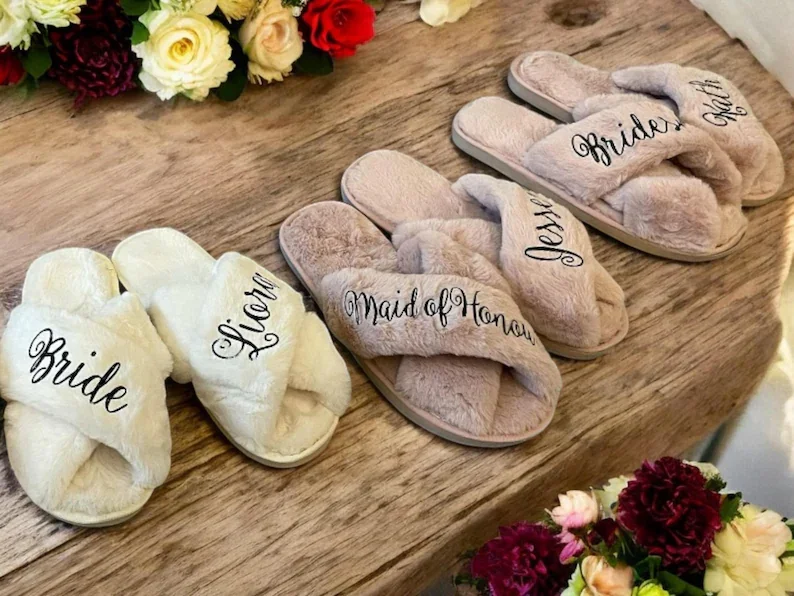 Custom Fluffy Slippers Set for Bridal Party | Personalized Soft Bridesmaid Slippers | Bachelorette Party Gifts | Fluffy Slippers 4 Sd19e6078cf26420e94201377ef4cbc0aA