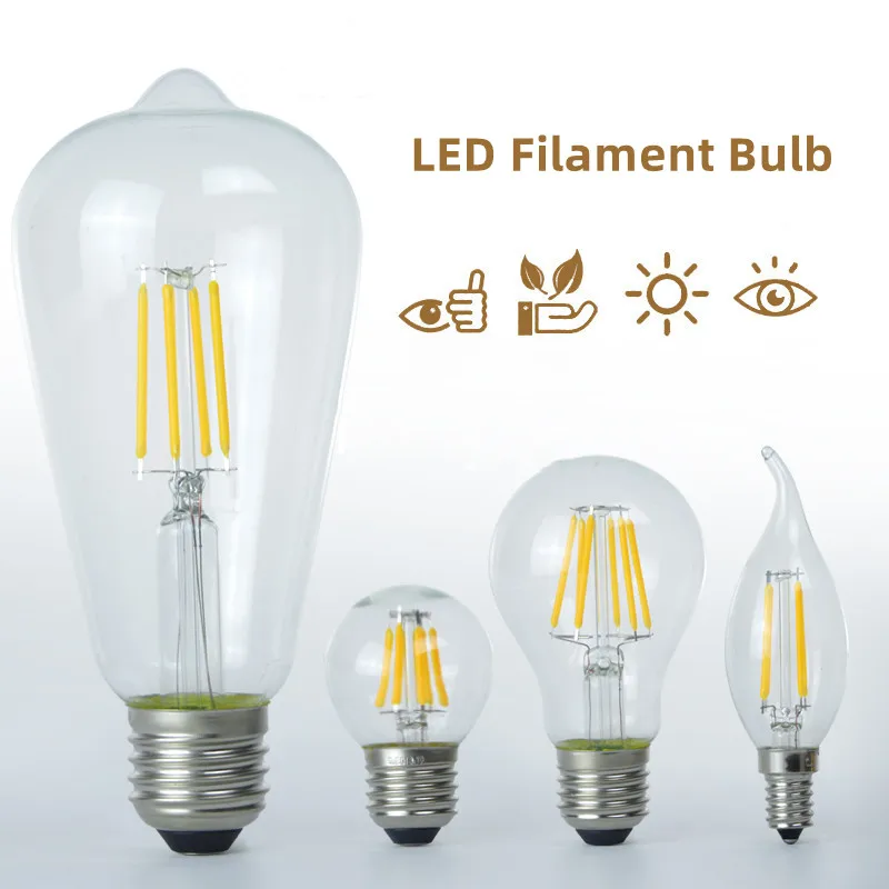 

E27 E14 Retro Edison 2W 4W 6W 8W LED Filament Bulb Lamp 220-240V Light Bulb C35 G45 A60 ST64 Glass Bulb Vintage Candle Light