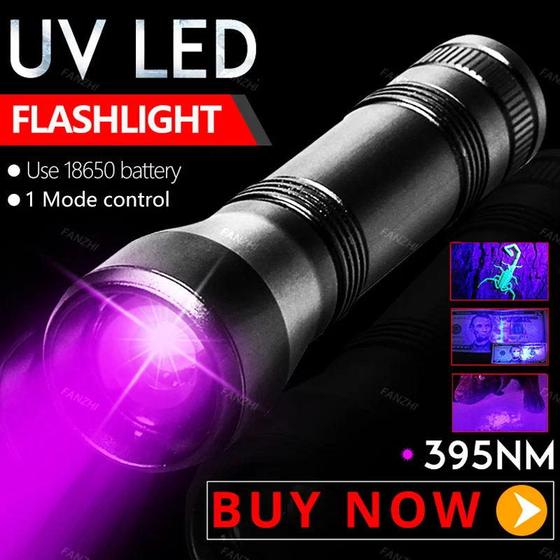 395nm LED UV Flashlight 18650 1 Mode Ultraviolet Torch T6 Purple Light Rechargeable Zoom Black Light Pet Urine Stains Detector
395nm LED UV Flashlight 18650 1 Mode Ultraviolet Torch T6 Purple Light Rechargeable Zoom Black Light Pet Urine Stains Detector