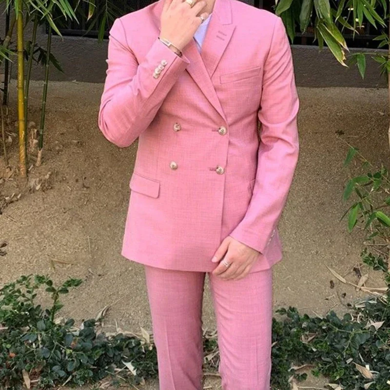 

Fashion Pink Double Breasted Men Suits Casual Slim Fit Peak Lapel Blazers Hombre High Quality Custom 2 Piece Set Costume Homme