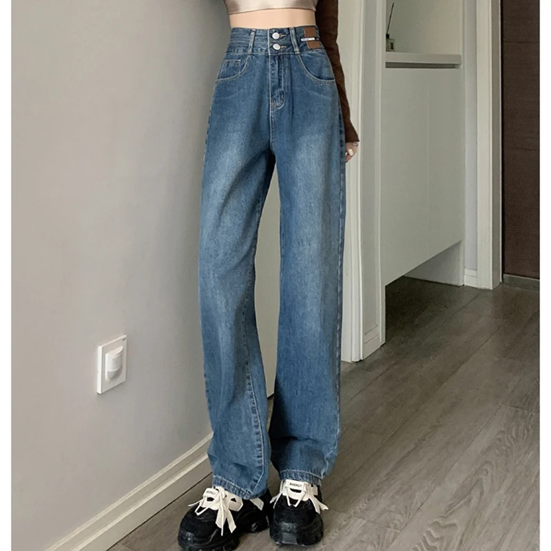 

Gidyq Korean High Waist Jeans Fashion Women Designed Button Loose Wide Leg Pants Casual All Match Female Denim Trousers New