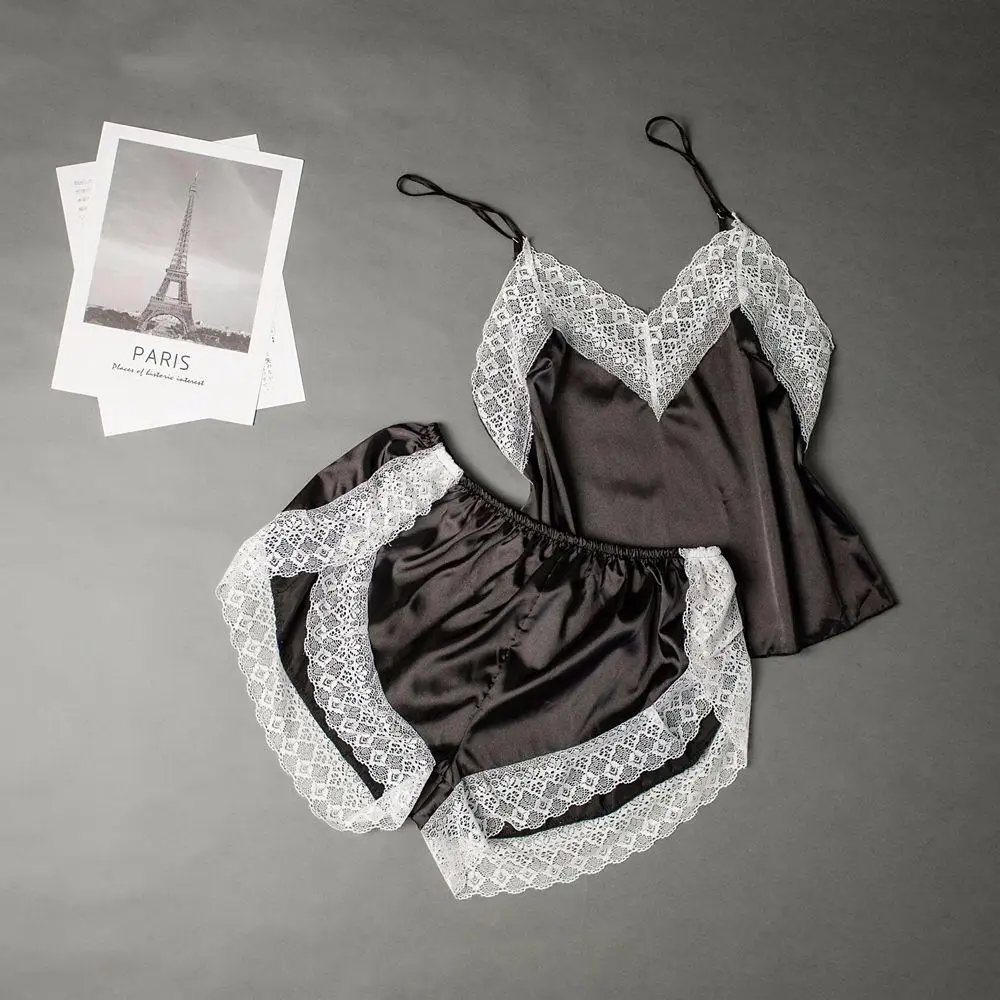 

Temptation Sexy V-neck Crop Tops Summer Satin Lace Suspender Pajamas Two Piece Set Lingerie Sets Female Nightwear
