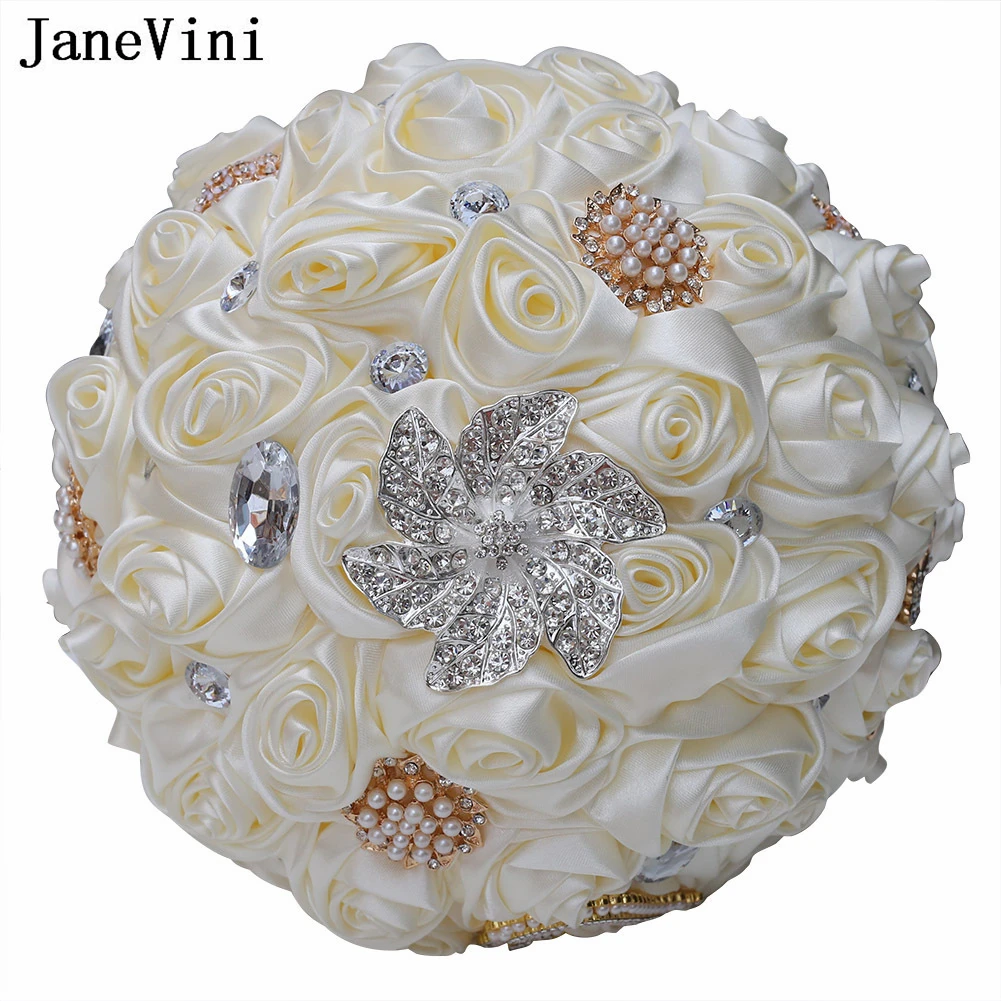 

JaneVini Elegant Ivory Bridal Bouquet Brooch Pearl Crystal Flower Wedding Bouquet Luxury Artificial Rose Bride Hand Flowers Gray
