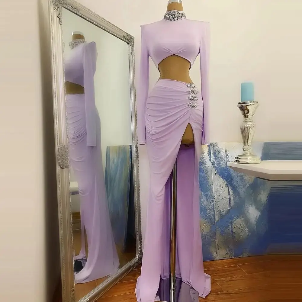 

Spandex Prom Dress 2 Pieces Long Sleeves Mermaid Evening Party Dresses for Women 2023 Crop Top High Slit Crystal Sexy Gown