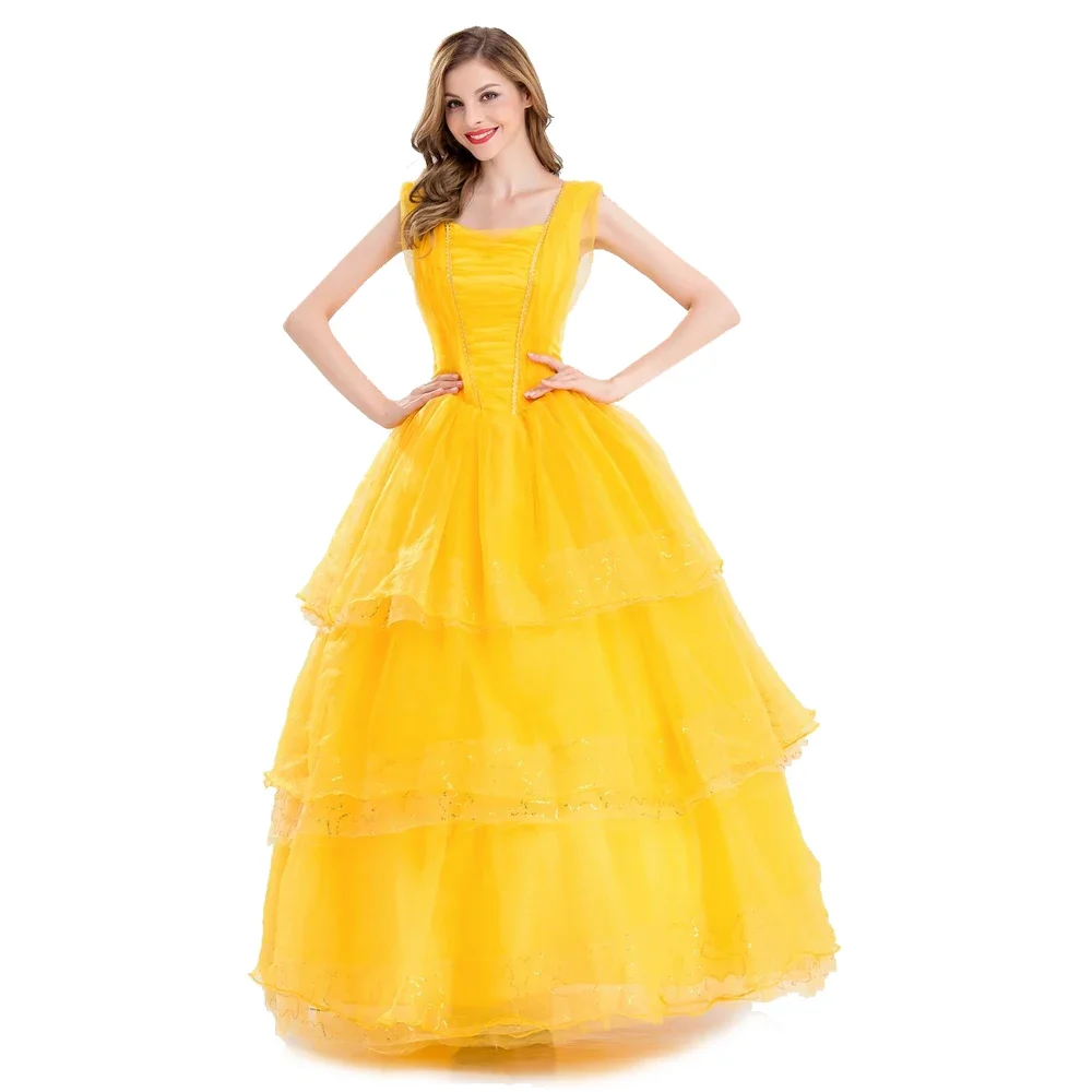 

Женский костюм принцессы Белль для косплея на Хэллоуин, желтое бальное платье принцессы с цветами