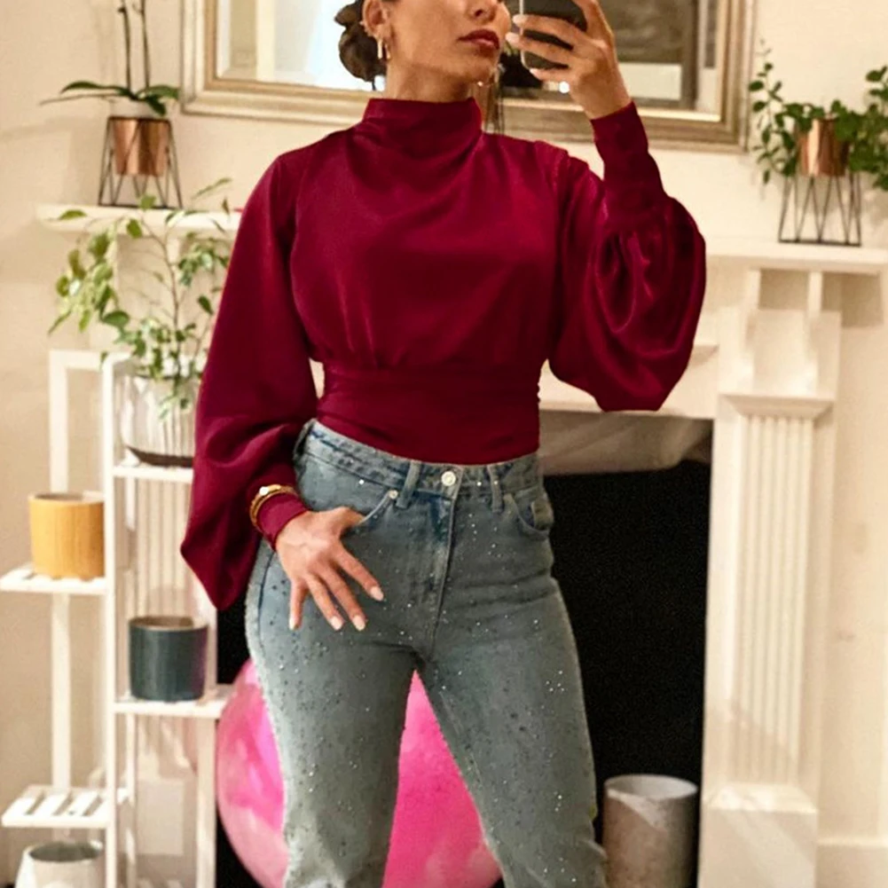 New Vintage Satin Silk Turtleneck Blouse Long Puff Sleeves Backless Top Blusas Elegant And Youth Woman Shirts And Blouses
New Vintage Satin Silk Turtleneck Blouse Long Puff Sleeves Backless Top Blusas Elegant And Youth Woman Shirts And Blouses