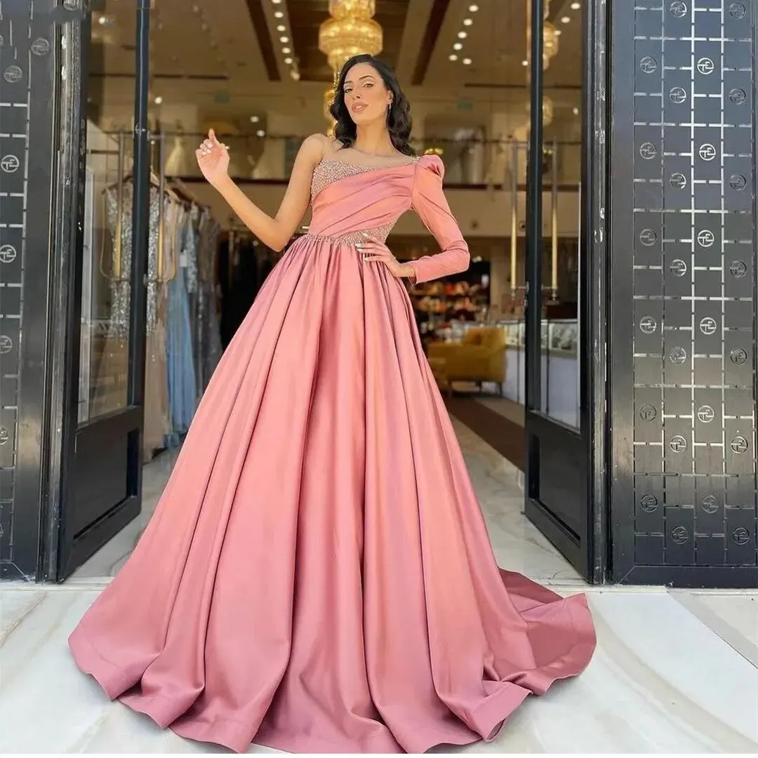 One Shoulder Long Sleeve Pink Satin Prom Dresses 2024 Pleat A Line Sweep Train Robes De Soirée Evening Party Vestidos De Noche
One Shoulder Long Sleeve Pink Satin Prom Dresses 2024 Pleat A Line Sweep Train Robes De Soirée Evening Party Vestidos De Noche