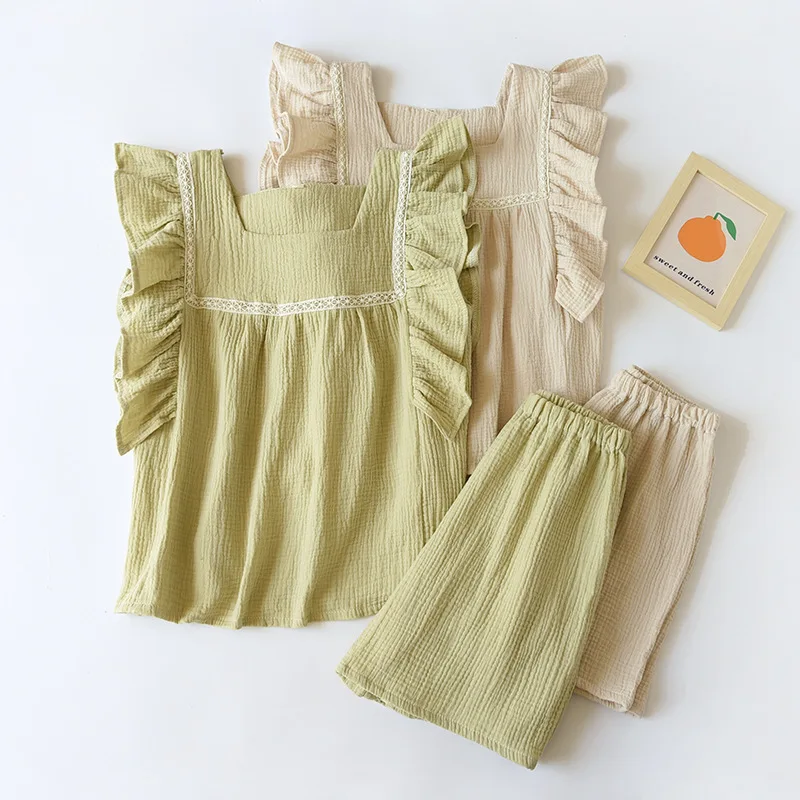 

Summer new women's pajamas short-sleeved shorts two-piece set 100% cotton crepe vest + shorts sweet home clothes two-piece set