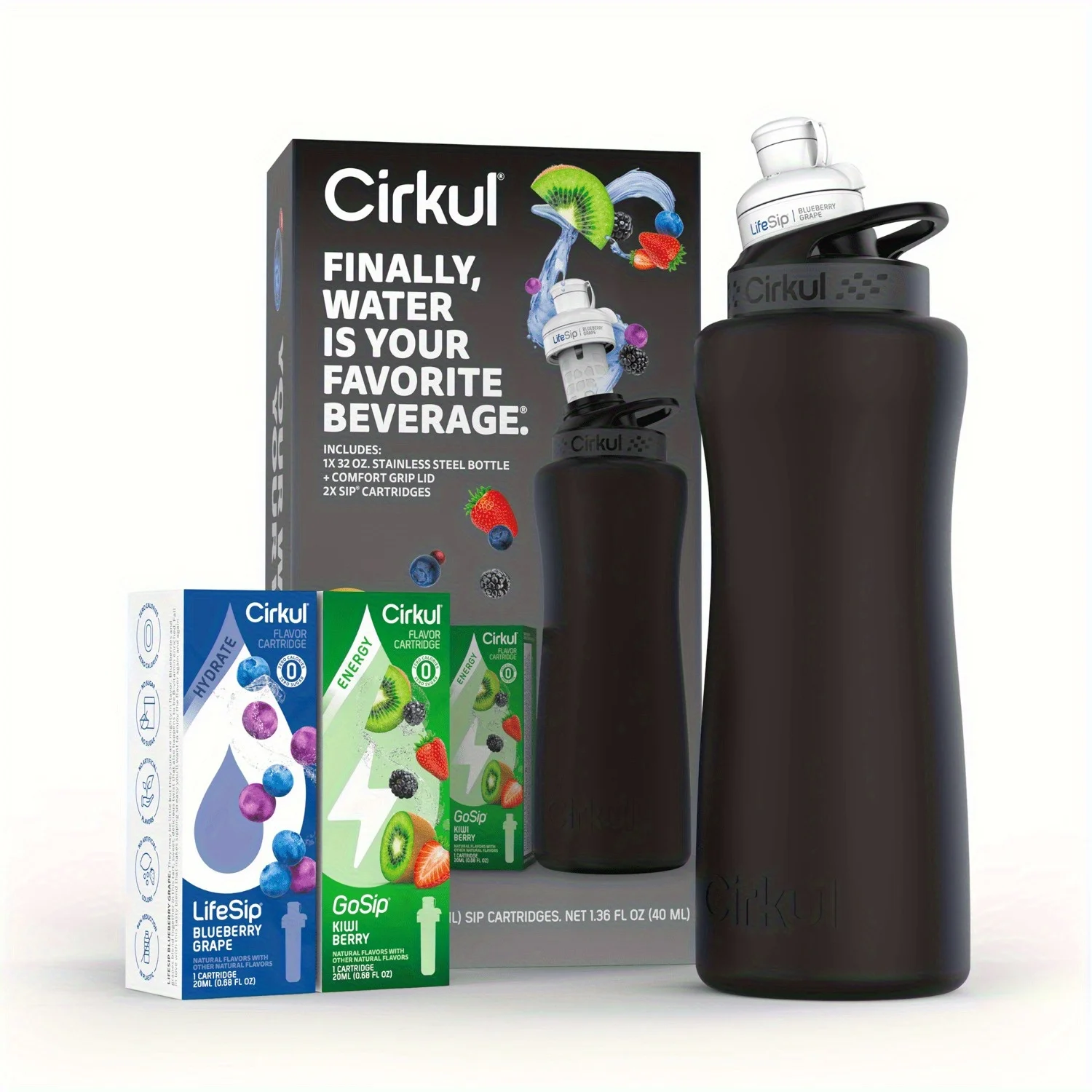 Cirkul 32oz Matte Black Stainless Steel Water Bottle Starter Kit with Black Lid and 2 Flavor Cartridges (Blueberry Grape & Kiwi
Cirkul 32oz Matte Black Stainless Steel Water Bottle Starter Kit with Black Lid and 2 Flavor Cartridges (Blueberry Grape & Kiwi
