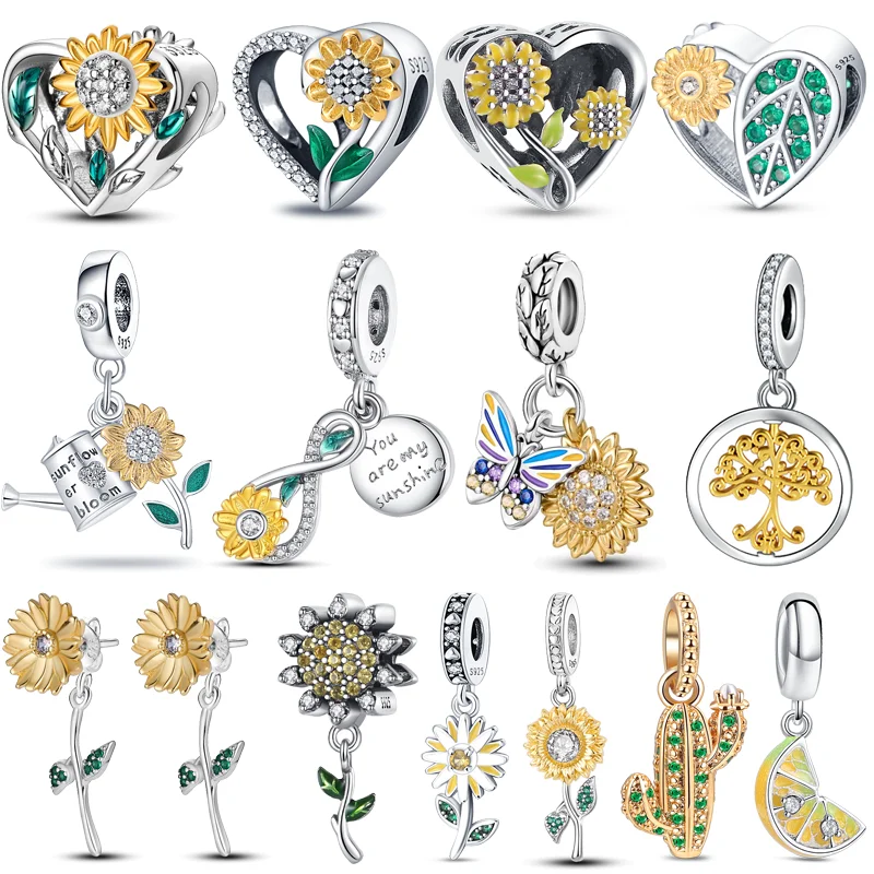 

925 Solid Silver Golden Daisy Sunflower Cactus Tree Dangle Charm Heart Fine Beads Fit Pandora Original 925 Bracelet DIY Jewelry