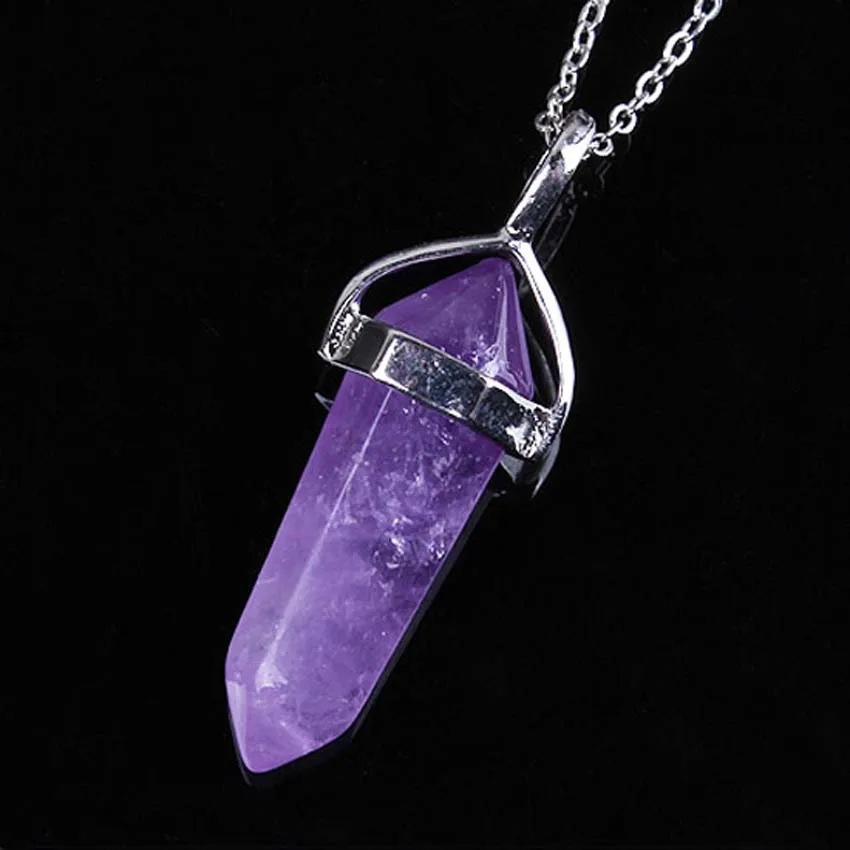 

Natural Purple Amethysts Rock Quartz Rose Crystal Hexagonal Chakra Healing Point Pendulum Stone Pendant Necklace For Women Girls